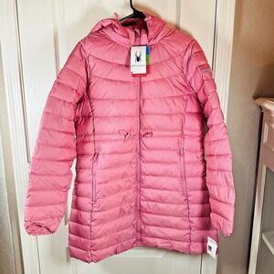 Spyder Women's Large Pink Puffer Jacket Hooded Insulated Sportswear Logo Pockets